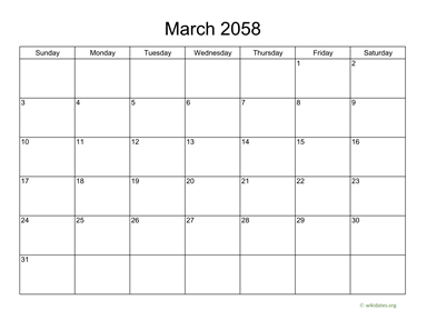 Basic Calendar for March 2058