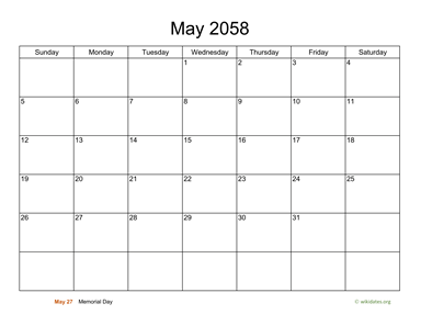 Basic Calendar for May 2058