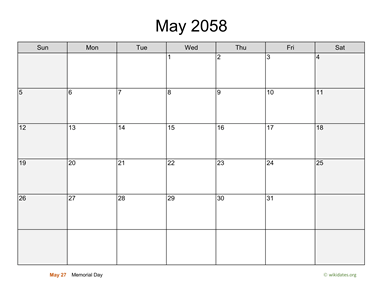 May 2058 Calendar with Weekend Shaded
