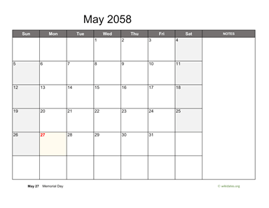 May 2058 Calendar with Notes