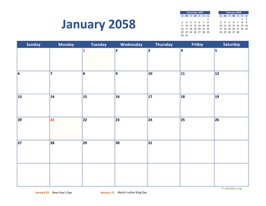 Monthly 2058 Calendar Classic | WikiDates.org