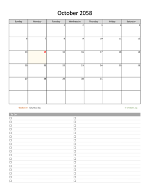 October 2058 Calendar with To-Do List