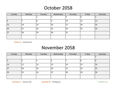 October and November 2058 Calendar Horizontal