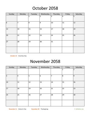October and November 2058 Calendar Vertical