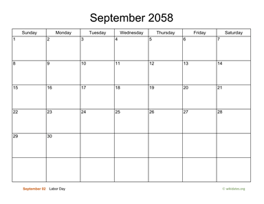 Basic Calendar for September 2058