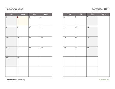 September 2058 Calendar on two pages