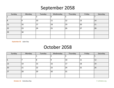 September and October 2058 Calendar Horizontal