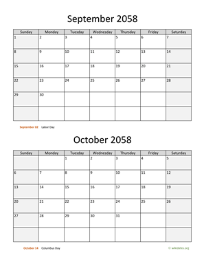 September and October 2058 Calendar Vertical