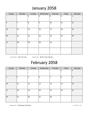 Two Months 2058 Calendar Vertical