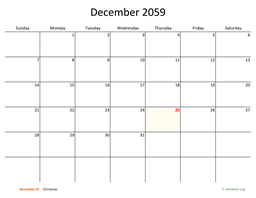 December 2059 Calendar with Bigger boxes