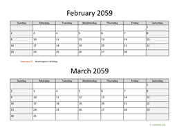 February and March 2059 Calendar