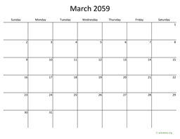 March 2059 Calendar with Bigger boxes