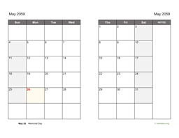 May 2059 Calendar on two pages