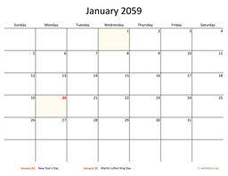 Monthly 2059 Calendar with Bigger boxes