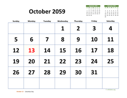October 2059 Calendar with Extra-large Dates