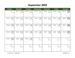 September 2059 Calendar with Day Numbers