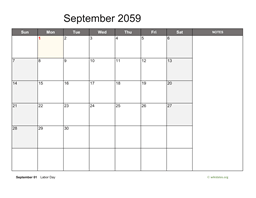 September 2059 Calendar with Notes