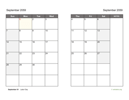 September 2059 Calendar on two pages
