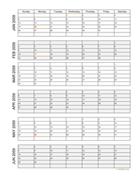 six months 2059 calendar vertical