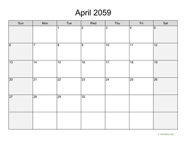 April 2059 Calendar with Weekend Shaded