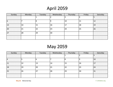 April and May 2059 Calendar Horizontal