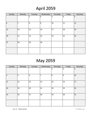 April and May 2059 Calendar Vertical