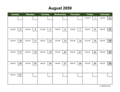 August 2059 Calendar with Day Numbers