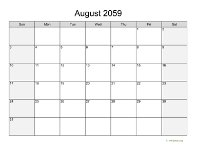 August 2059 Calendar with Weekend Shaded