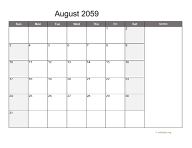 August 2059 Calendar with Notes