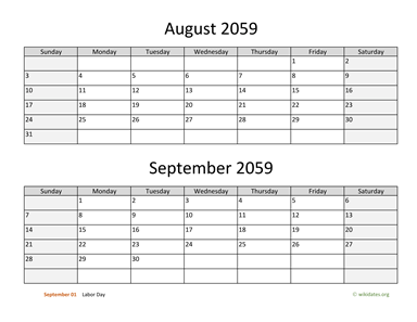 August and September 2059 Calendar Horizontal