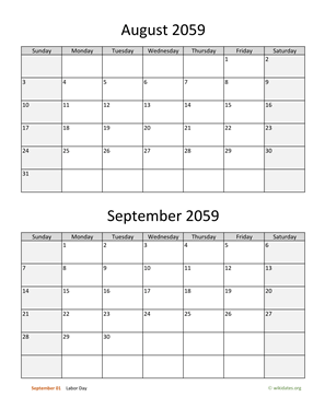 August and September 2059 Calendar Vertical