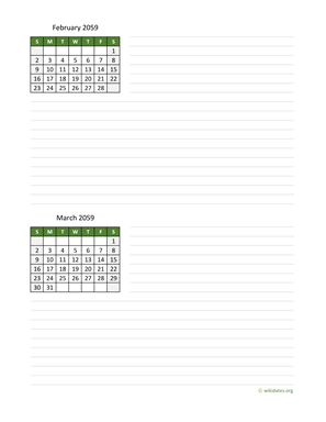 February and March 2059 Calendar with Notes