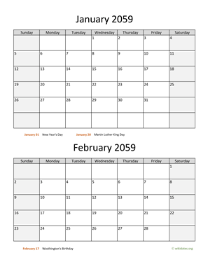 January and February 2059 Calendar Vertical