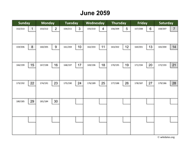 June 2059 Calendar with Day Numbers