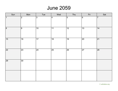 June 2059 Calendar with Weekend Shaded