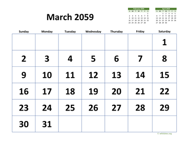 March 2059 Calendar with Extra-large Dates
