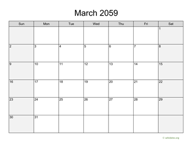 March 2059 Calendar with Weekend Shaded