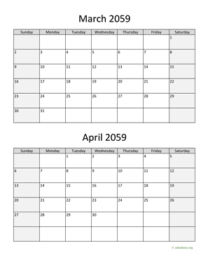 March and April 2059 Calendar Vertical