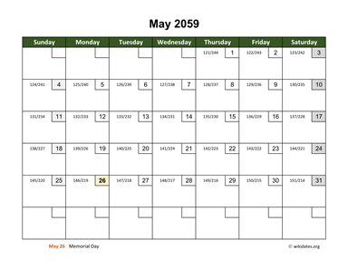 May 2059 Calendar with Day Numbers