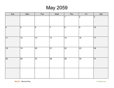 May 2059 Calendar with Weekend Shaded