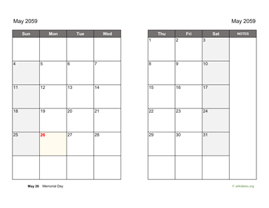 May 2059 Calendar on two pages