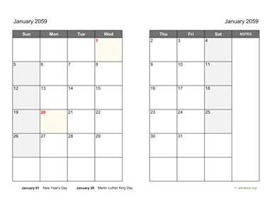 Monthly 2059 Calendar on two pages
