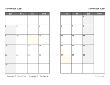 November 2059 Calendar on two pages