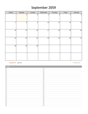 September 2059 Calendar with To-Do List