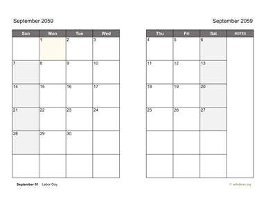 September 2059 Calendar on two pages