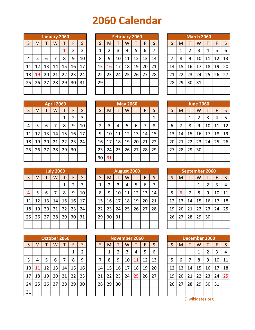 Full Year 2060 Calendar on one page  WikiDates.org