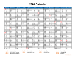 2060 Calendar Horizontal, One Page