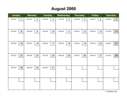 August 2060 Calendar with Day Numbers