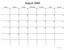 August 2060 Calendar with Bigger boxes