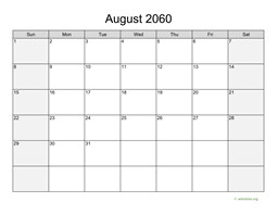 August 2060 Calendar with Weekend Shaded